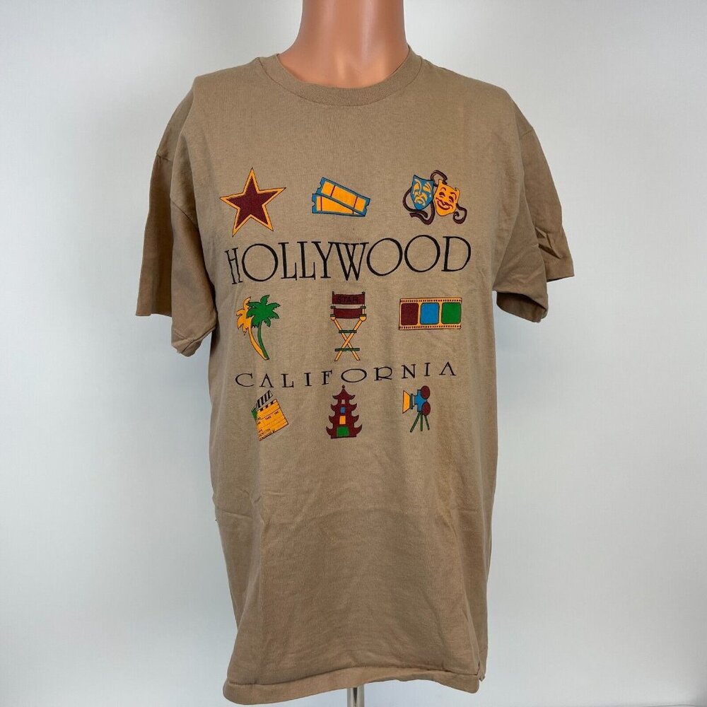 Vintage 90s Hollywood T Shirt Mens Size L Brown California Movie Theme Made USA - Picture 2 of 5